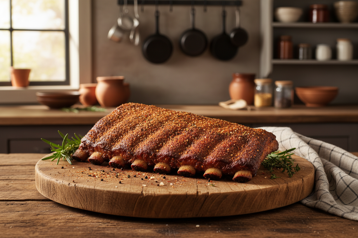 barbecue ribs with dry rub in a rustic kitchen